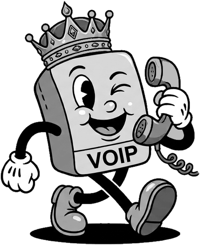 Connectivity King mascot: a crowned VoIP phone answering a handset with a wink
